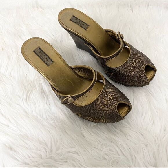 Prada Shoes - Prada  vintage embossed leather bronze peep toe wedges sandals EUR 37.5 US 7